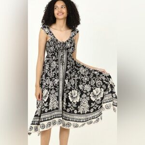 Adlara Black Boho Border Print Hanky Hem Midi Dress